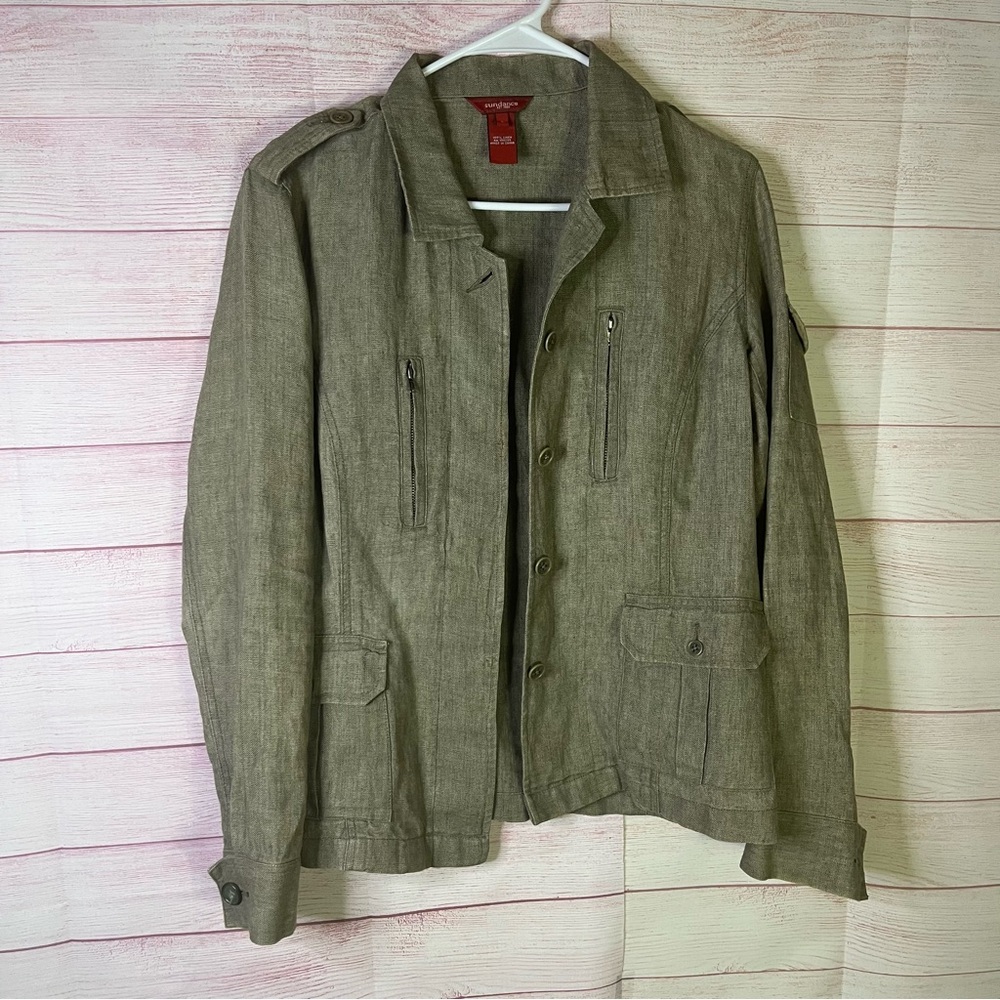 Sundance 100% Linen Cargo Utility Zipper Button Jacket Size Small